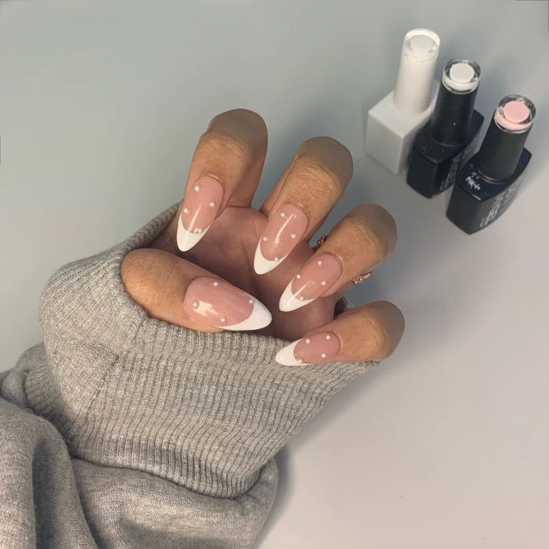 Pearl French Tip Reusable Press On Nails