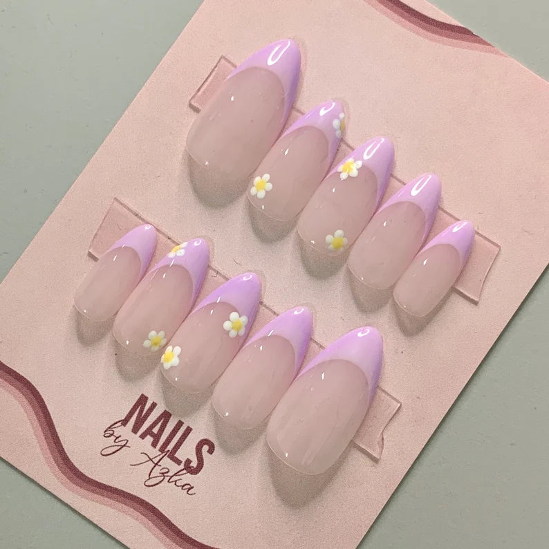 Spring Flower Lilac French Tip Reusable Press On Nails
