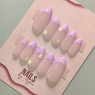 Spring Flower Lilac French Tip Reusable Press On Nails